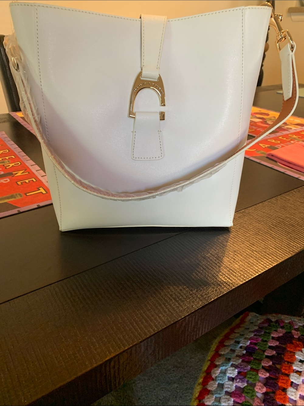 Dooney & Bourke White Leather Bucket Bag with Gold Accent